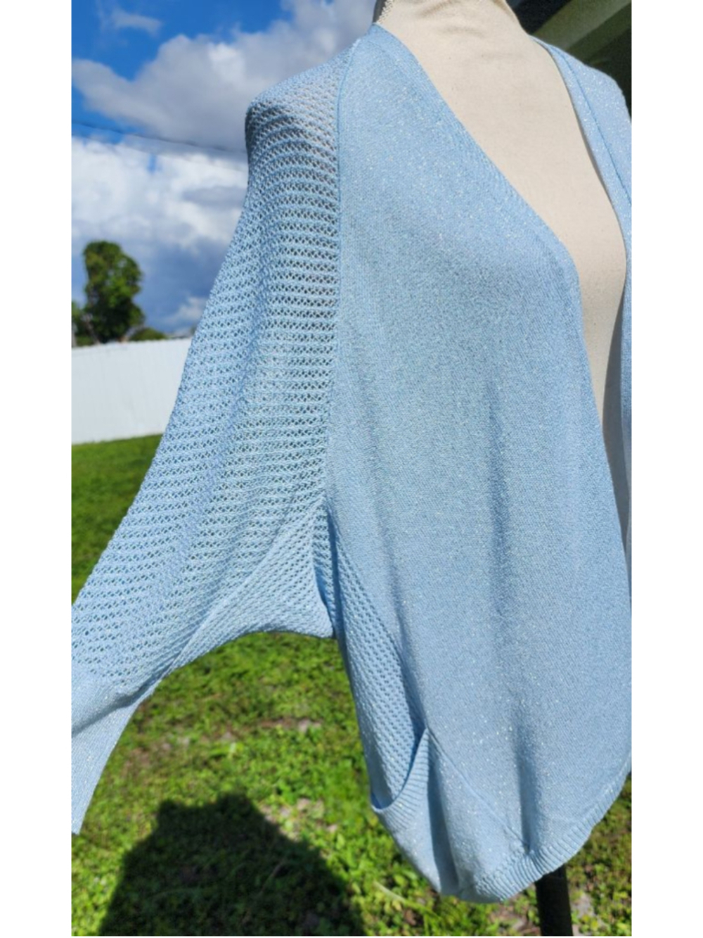 Chico's Travelers Collection Blue Shimmer Sparkle Open Front Knit Cardigan S